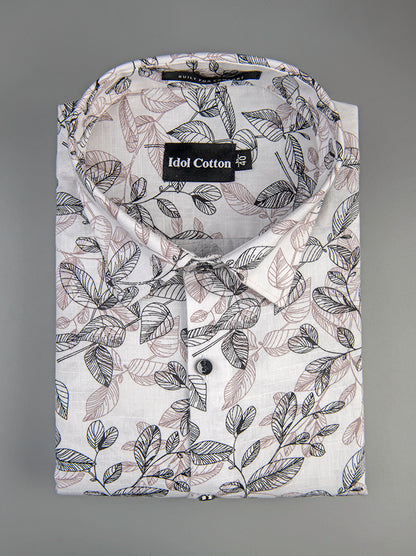 Linen Botanical Leaf Print White Base With Black