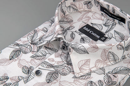 Linen Botanical Leaf Print White Base With Black