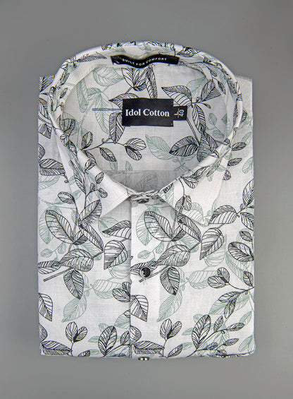 Linen Botanical Leaf Print White Bsse Light Sage Green
