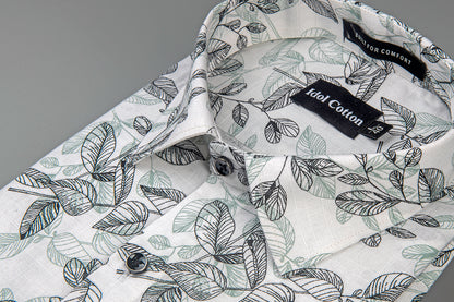 Linen Botanical Leaf Print White Bsse Light Sage Green