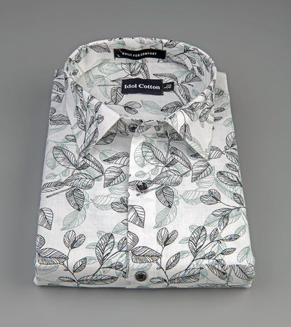 Linen Botanical Leaf Print White Bsse Light Sage Green
