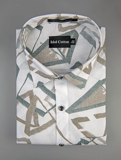 Linen Brushstoke Print White Base With Olive Green