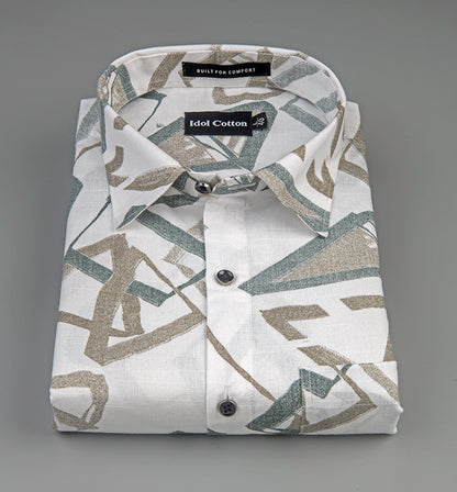 Linen Brushstoke Print White Base With Olive Green
