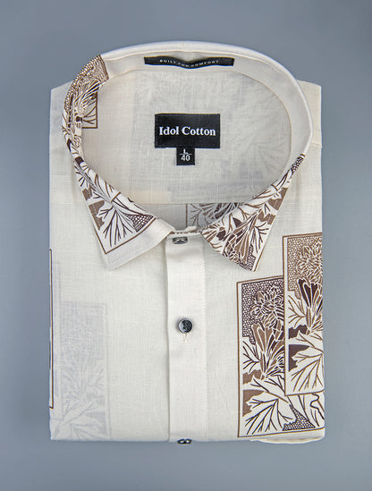 Linen Floral Block Print Cream Base With Dark Brown
