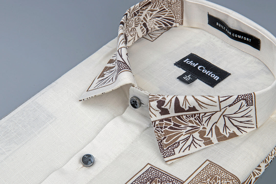 Linen Floral Block Print Cream Base With Dark Brown