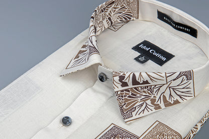 Linen Floral Block Print Cream Base With Dark Brown