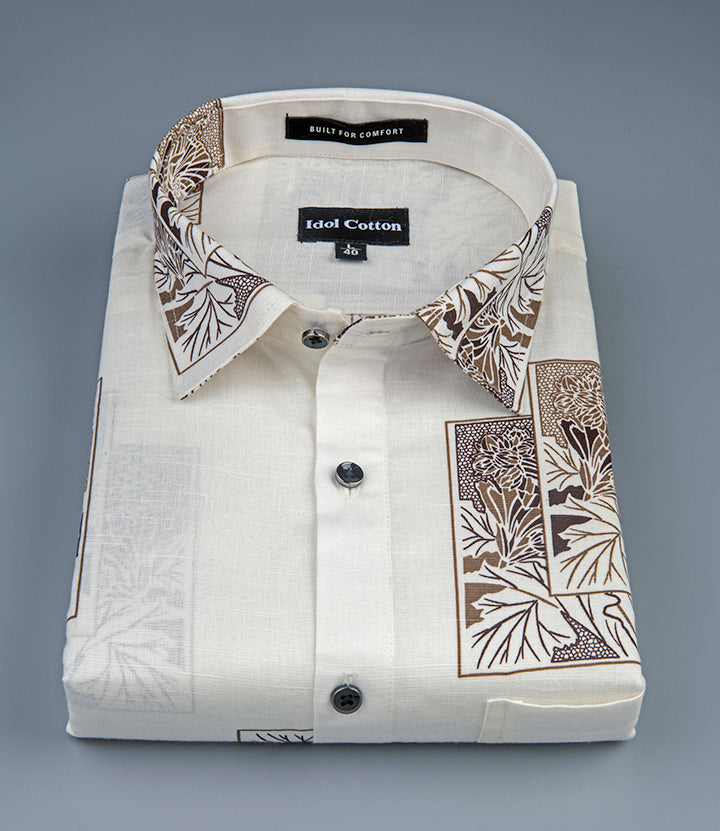 Linen Floral Block Print Cream Base With Dark Brown