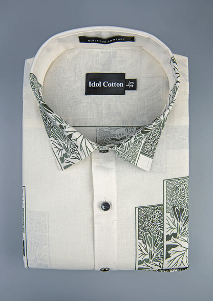 Linen Floral Block Print Cream Base With Dark Green