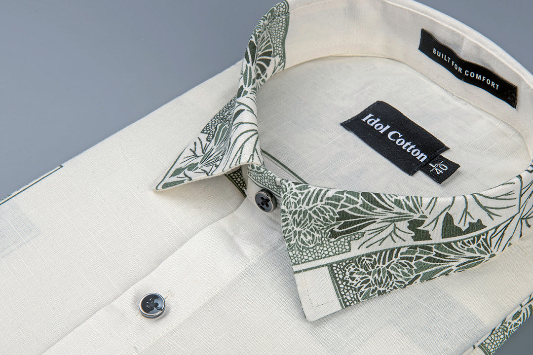 Linen Floral Block Print Cream Base With Dark Green