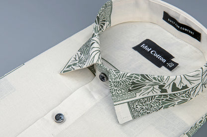 Linen Floral Block Print Cream Base With Dark Green