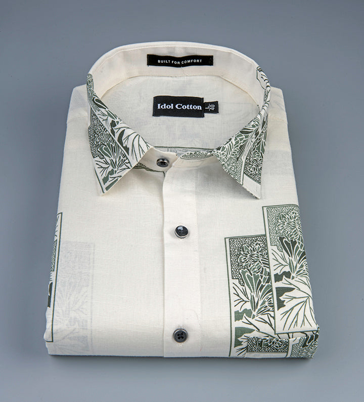 Linen Floral Block Print Cream Base With Dark Green
