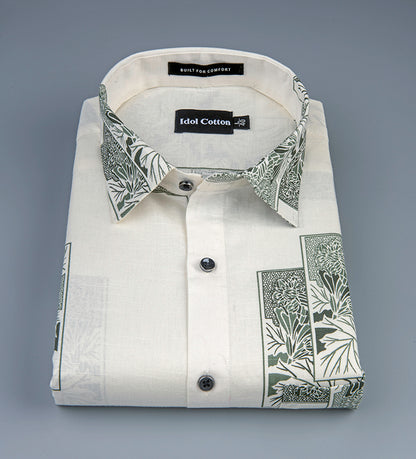 Linen Floral Block Print Cream Base With Dark Green