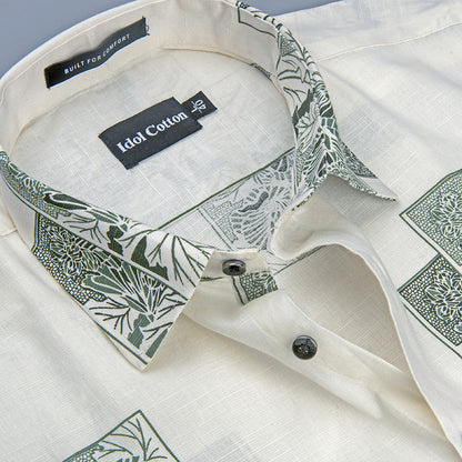 Linen Floral Block Print Cream Base With Dark Green