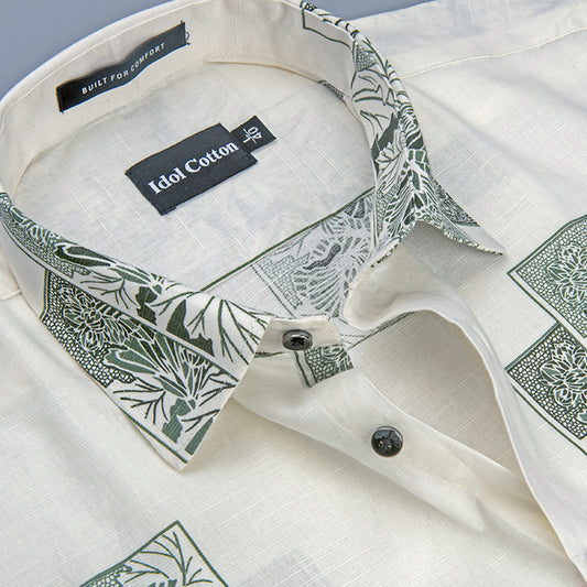 Linen Floral Block Print Cream Base With Dark Green