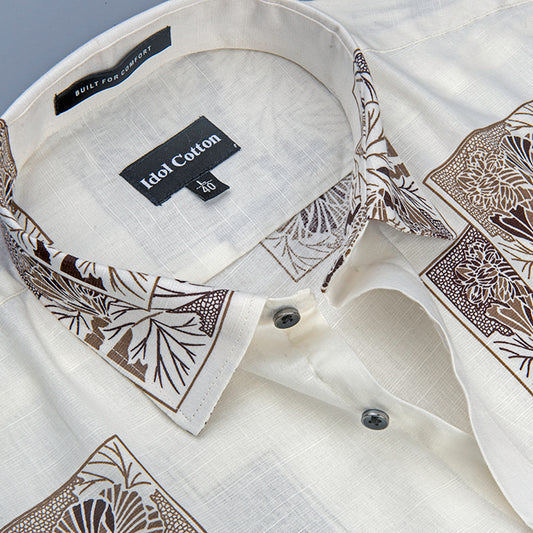 Linen Floral Block Print Cream Base With Dark Brown