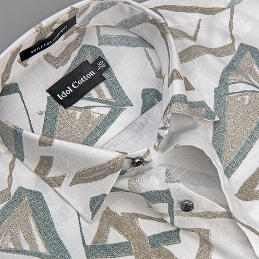 Linen Brushstoke Print White Base With Olive Green