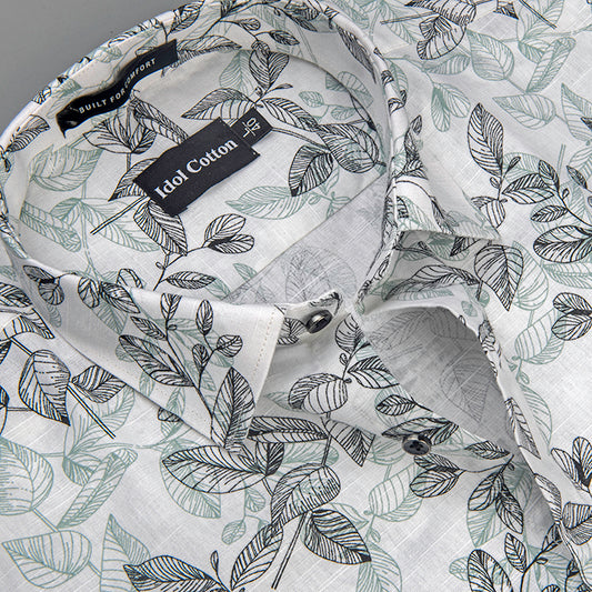 Linen Botanical Leaf Print White Bsse Light Sage Green