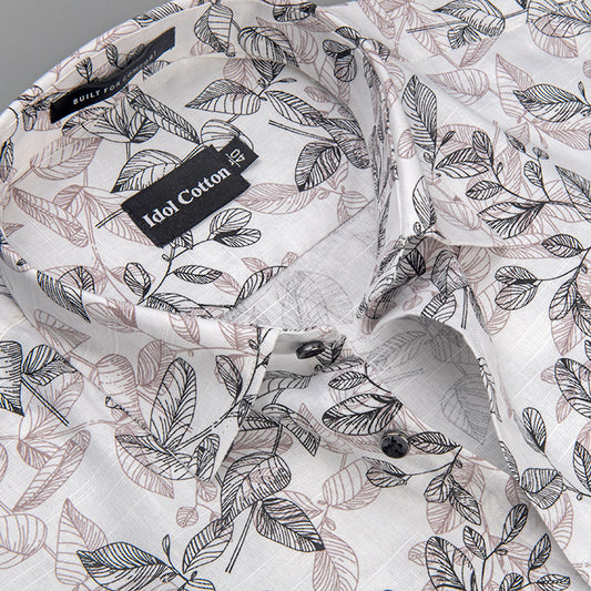 Linen Botanical Leaf Print White Base With Black