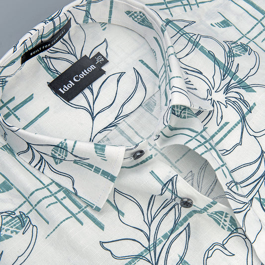 Linen Floral Line Art Print Greenish Gray