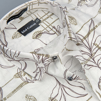Linen Floral Line Art Print Olive Green Dark Brown