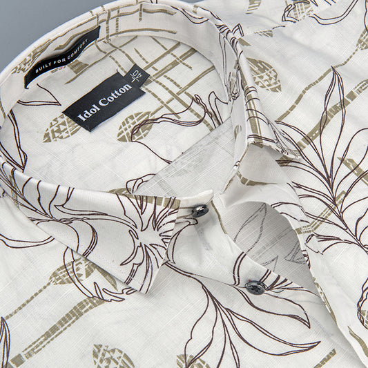 Linen Floral Line Art Print Olive Green Dark Brown