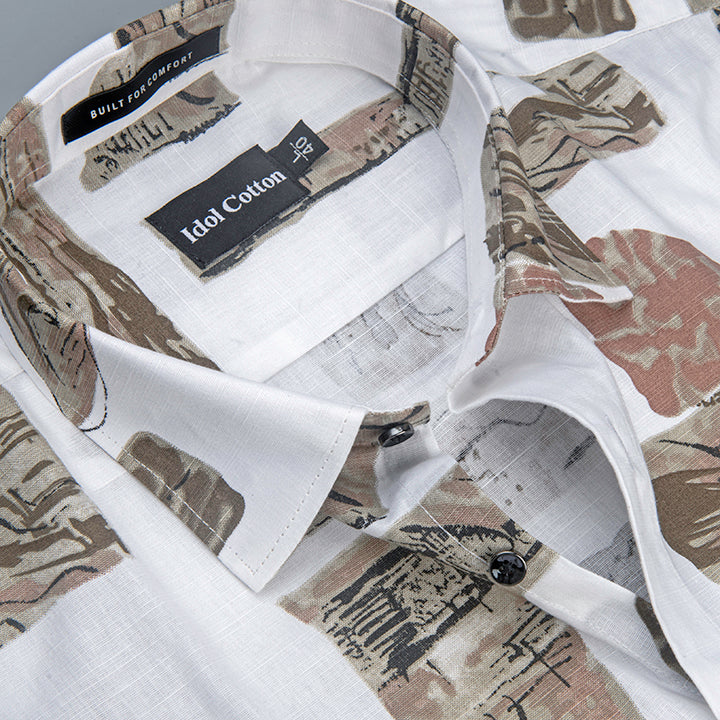 Linen Graphics Printed Shirt While With Brown Mix
