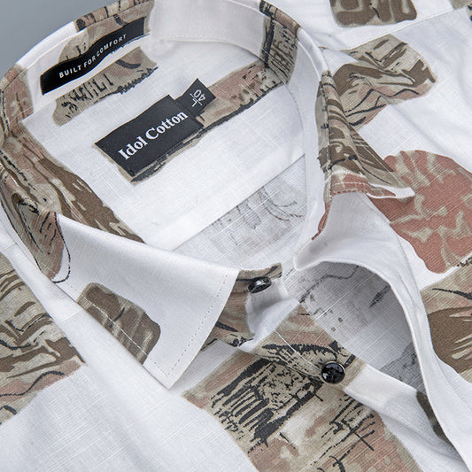 Linen Graphics Printed Shirt While With Brown Mix