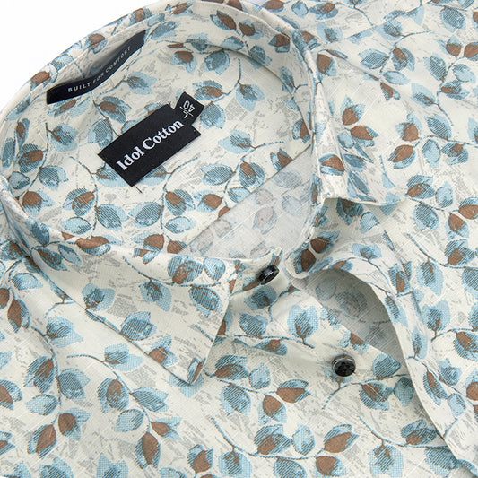 Linen All Over Leafy Vine Print Cream Base Blue And Brown Leaves