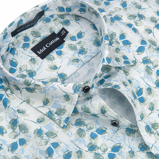 Linen All Over Leafy Vine Print Light Cream Base With Green And Blue Leaves