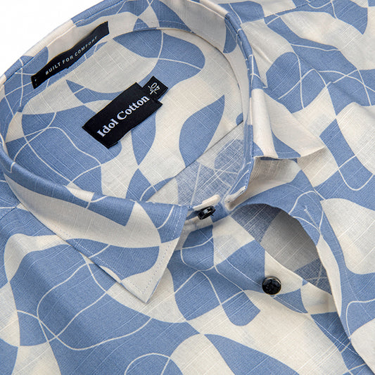Linen Geometric Print Blue And White