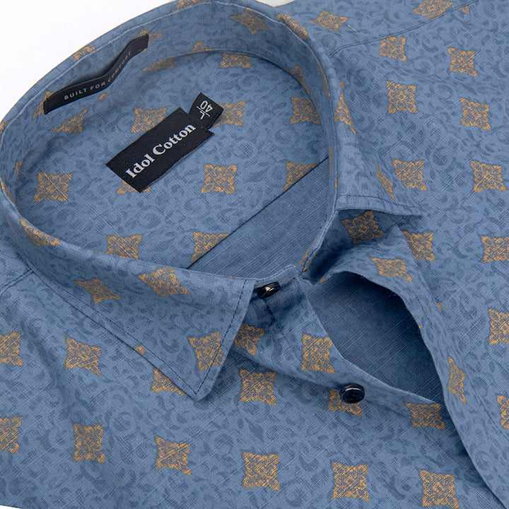 Linen Golden Yellow Geometric Print BlueBbackground