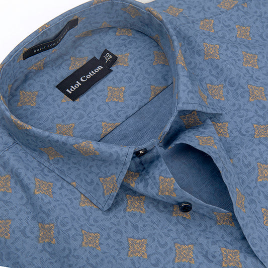 Linen Golden Yellow Geometric Print BlueBbackground