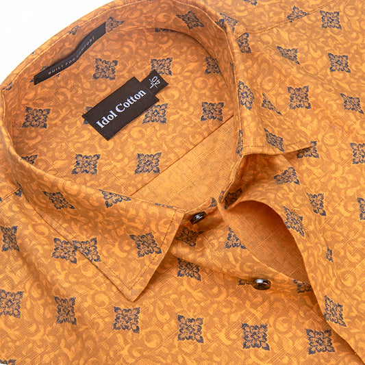 Linen Dark Blue Geometric Print Mustard Yellow Colour