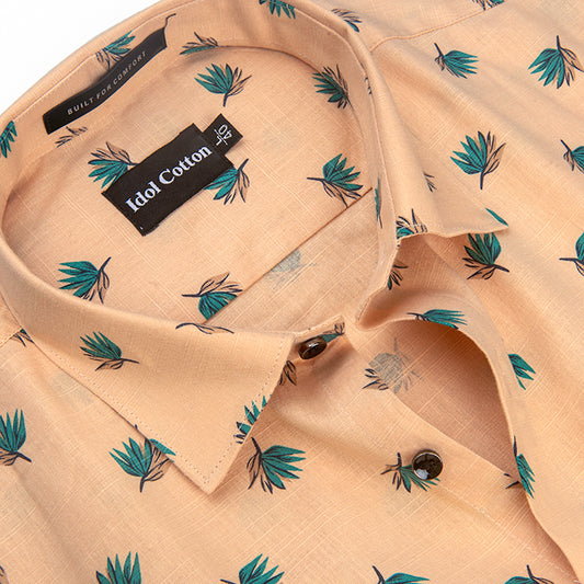 Linen Green And Teal Leaf Print Peach Orange Background 