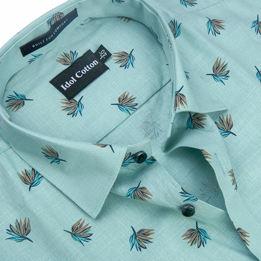 Linen Brown And Teal Leaf Print Light Green Background
