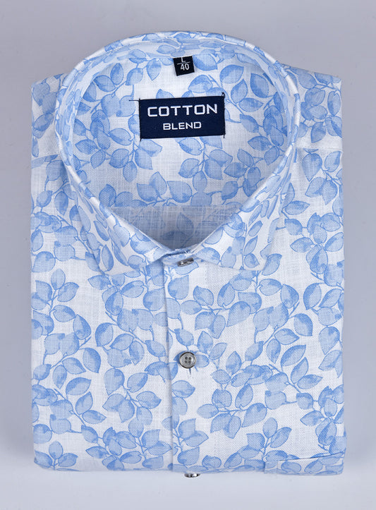 Fancy linen cotton white ice blue print 