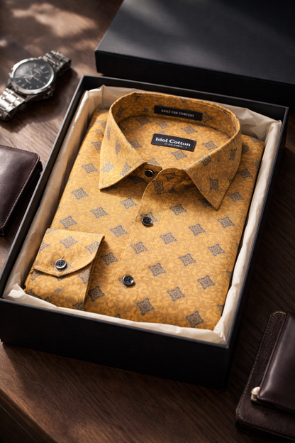 Linen Dark Blue Geometric Print Mustard Yellow Colour