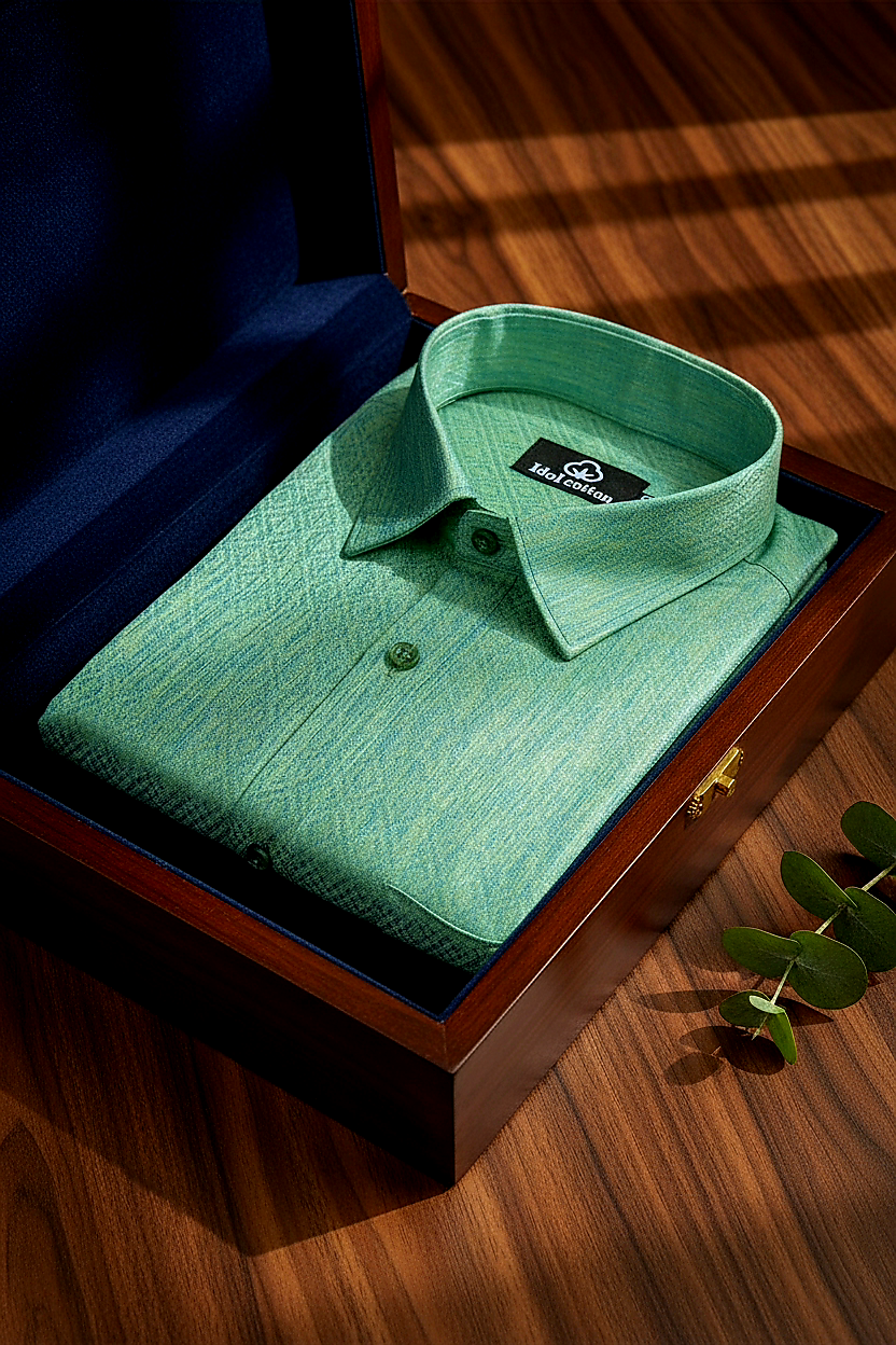 Teal Jacquard Dimond Pattern Cotton Shirt Mint Green Colour