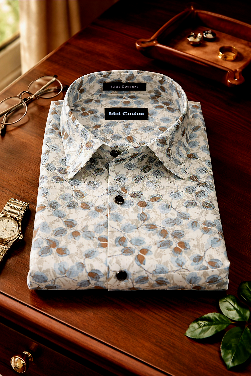 Linen All Over Leafy Vine Print Cream Base Blue And Brown Leaves