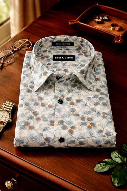 Linen All Over Leafy Vine Print Cream Base Blue And Brown Leaves