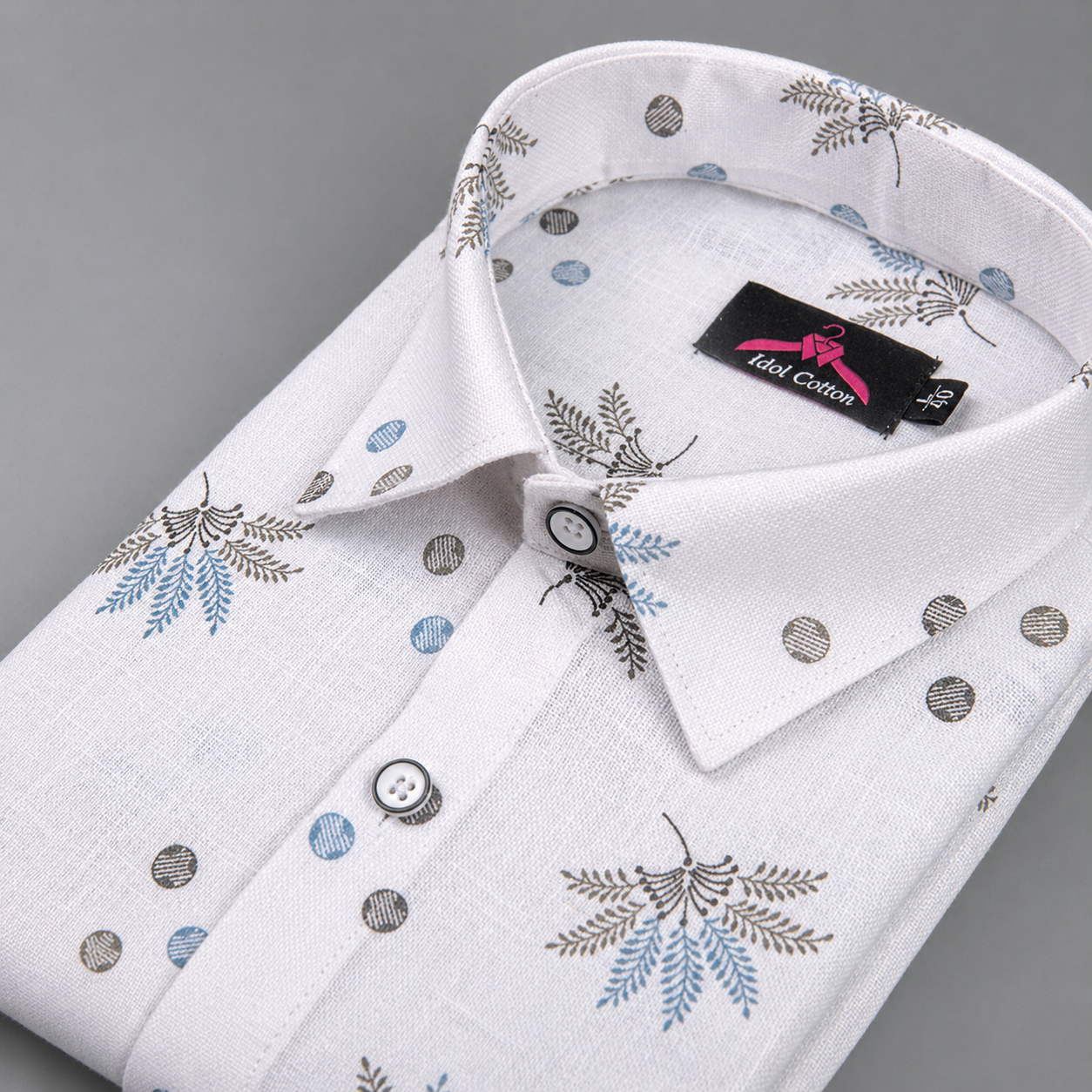 Linen Cotton White with Sky Blue & Gray Leaf Dot Print Men’s Shirt