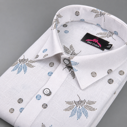Linen Cotton White with Sky Blue & Gray Leaf Dot Print Men’s Shirt
