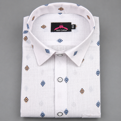 Linen Cotton White with Denim Blue & Mustard Brown Geometric Micro Print Men’s Shirt