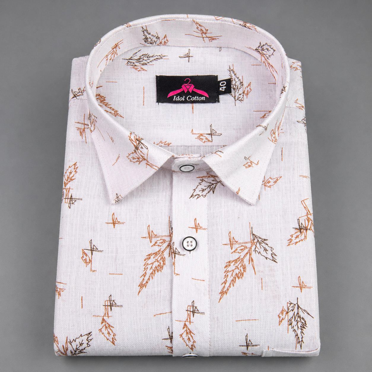 Linen Cotton White with Camel Brown Leaf Sketch Print Men’s Shirt