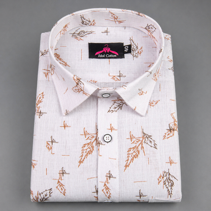Linen Cotton White with Camel Brown Leaf Sketch Print Men’s Shirt