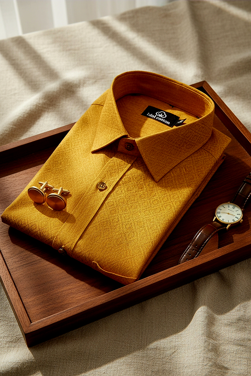 Teal Jacquard Dimond Pattern Cotton Shirt Mustrud yellow Colour