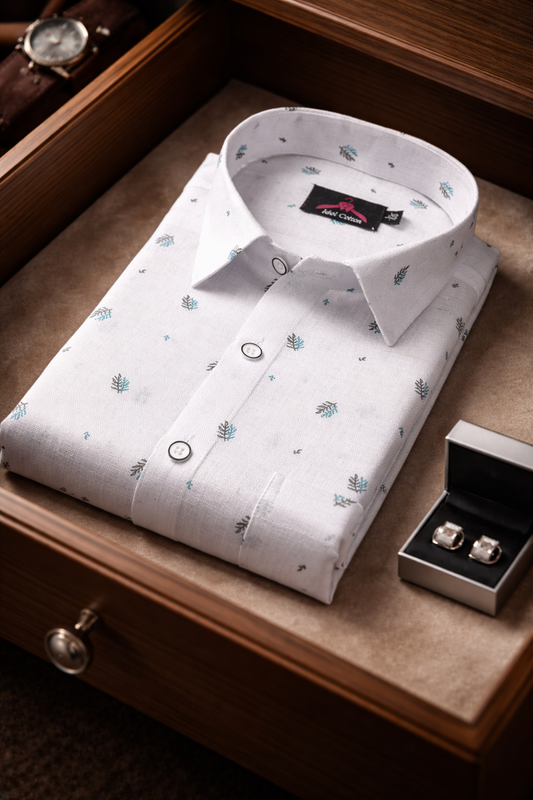 Linen Cotton White with Teal Green & Cool Green Micro Leaf Print Men’s Shirt