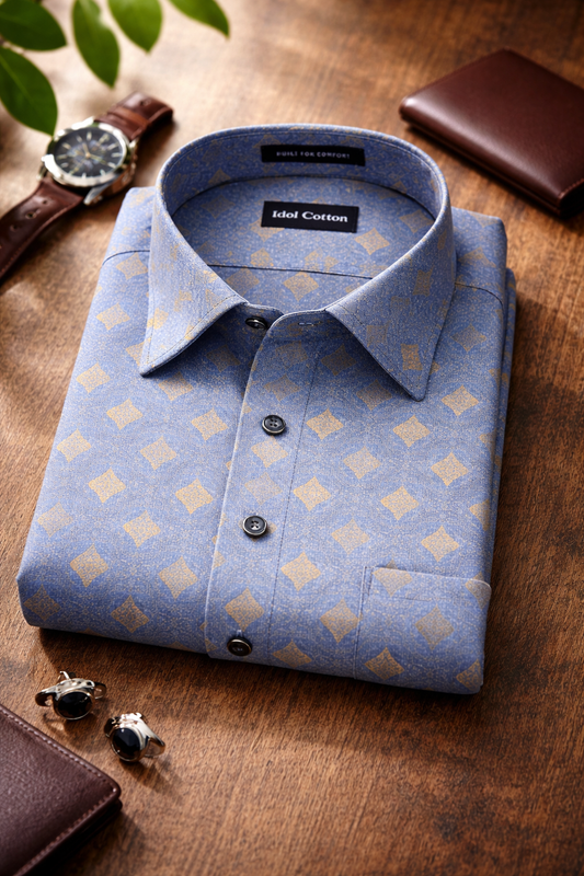 Linen Golden Yellow Geometric Print BlueBbackground