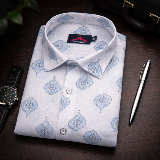 Linen Cotton White with Light Blue Butta Print Men’s Shirt