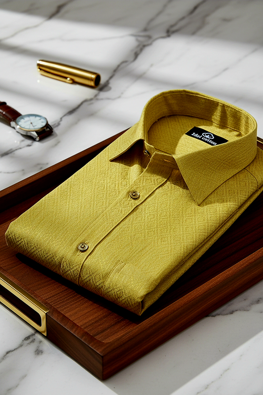 Teal Jacquard Dimond Pattern Cotton Shirt Honey Yellow Colour